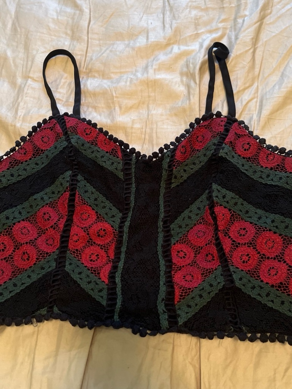 Xhilaration Black Lace Bustier Crop Top with Red & Green Accents